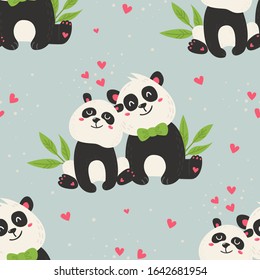 Seamless pattern with cute pandas. Love design 