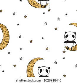 Seamless pattern with cute pandas on the golden moons and stars for textile, wallpapers, gift wrap and scrapbook.  Vector illustration.