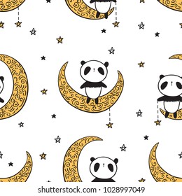 Seamless pattern with cute pandas on the golden moons and stars for textile, wallpapers, gift wrap and scrapbook.  Vector illustration.