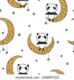 Seamless pattern with cute pandas on the golden moons and stars for textile, wallpapers, gift wrap and scrapbook.  Vector illustration.