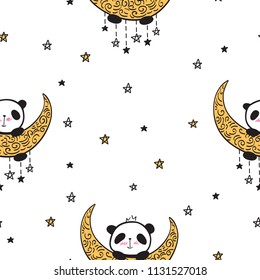 Seamless pattern with cute pandas on the gold moon for gift wrap, textile or book covers, wallpapers and scrapbook. Vector.