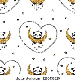 Seamless pattern with cute pandas on the gold moons and hearts for gift wrap, kids textile or book covers, wallpapers and scrapbook. Vector.