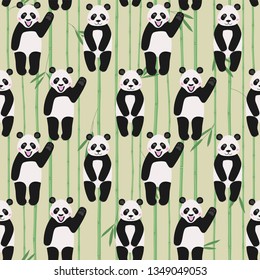 Seamless pattern with cute pandas on bamboo background, vector wallpaper, textile pattern
