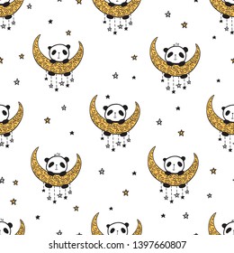 Seamless pattern with cute pandas on the moon and stars for gift wrap, textile or book covers, wallpapers and scrapbook. Vector.