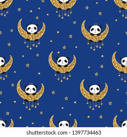 Seamless pattern with cute pandas on the moon and stars for gift wrap, textile or book covers, wallpapers and scrapbook. Dark blue background. Vector.