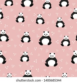 Seamless pattern with cute pandas on a pink background. Pattern with bear for fabric, textile, wallpaper, wrapping paper, clothes. Vector illustration.