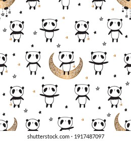 Seamless pattern with cute pandas on the gold moon for Valentine's Day, Mother's Day, Father's Day, birthday, wedding, gift wrap, textile or book covers, wallpapers and scrapbook. Vector.