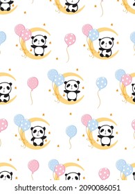 Seamless pattern with cute pandas on the moon with balloons for gift wrap, kids textile or book covers, wallpapers and scrapbook. Vector.