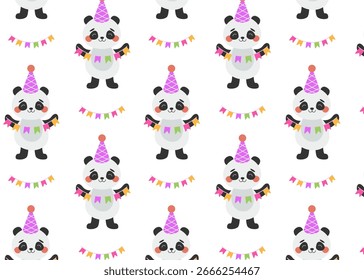 Patrón sin costuras con pandas lindos en sombreros de fiesta rosados y bunting pastel: perfecto para la decoración de cumpleaños de los niños, textiles y diseños festivos.