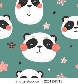 Seamless pattern with cute pandas, print for fabric, covers, backgrounds. Cute animals. Vector illustration.