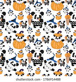 Seamless pattern with cute pandas in a pumpkin, with ice cream, in a hat, vector halloween illustration for print