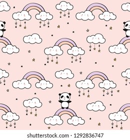 Seamless pattern with cute pandas, rainbows and clouds for children's textiles, wallpapers, gift wraps and scrapbook. Pink background. Vector.