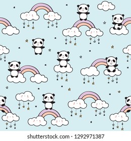 Seamless pattern with cute pandas, rainbows, funny clouds and stars for children's textiles, wallpapers, gift wraps and scrapbook. Blue background. Vector.