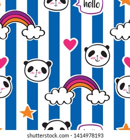 Seamless pattern with cute pandas, rainbows, speech bubbles, hearts and stars for textile, wallpapers, gift wrap, scrapbook. Sketch, doodles, design elements. Vector.
