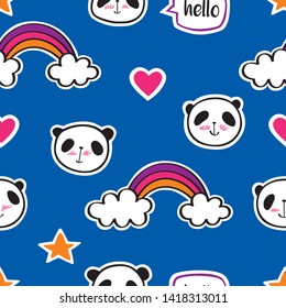 Seamless pattern with cute pandas, rainbows, speech bubbles, hearts and stars. Kids ornament for textile, gift wrap and scrapbook. Vector.