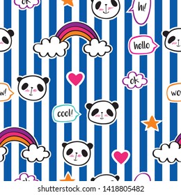Seamless pattern with cute pandas, rainbows, speech bubbles, hearts and stars. Kids ornament for textile, gift wrap and scrapbook. Background with blue and white stripes. Vector.