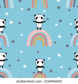 Patrón sin inconvenientes con bonitos pandas, arcos y estrellas para los textiles para niños, papel pintado, envolturas de regalo y libro de recortes. Vector.