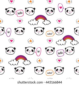 Seamless pattern with cute pandas, rainbows, speech bubbles, hearts and stars. Wrapping paper, cloth. Sketch, doodles, design elements. Hand drawing. Vector.