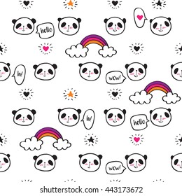 Seamless pattern with cute pandas, rainbows, speech bubbles, hearts and stars. Wrapping paper, cloth. Sketch, doodles, design elements. Hand drawing. Vector.