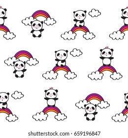 Seamless pattern with cute pandas and rainbows for children's textiles, wallpapers, gift wraps and scrapbook. Vector.