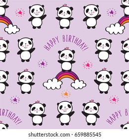 Seamless pattern with cute pandas and rainbows for children's textiles, wallpapers, gift wraps and scrapbook. Happy birthday. Vector