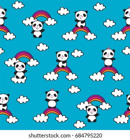 Seamless pattern with cute pandas and rainbows for children's textiles, wallpapers, gift wraps and scrapbook. Blue background. Vector illustration.