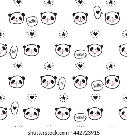 Seamless pattern with cute pandas, speech bubbles, hearts and stars. Wrapping paper, cloth. Sketch, doodles, design elements. Hand drawing. Vector.