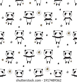 Seamless pattern with cute pandas and stars for gift wrap, textile or book covers, wallpapers and scrapbook. Vector.