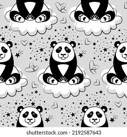 Patrón sin foco con pandas, estrellas, corazones y nubes adorables. Fondo con osos de peluche en vector. Adecuado para los textiles, tejidos, papel de envoltura y postales para niños.