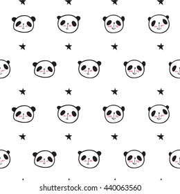 Seamless pattern with cute pandas and stars. Wrapping paper, cloth. Sketch, doodles, design elements. Hand drawing. Vector