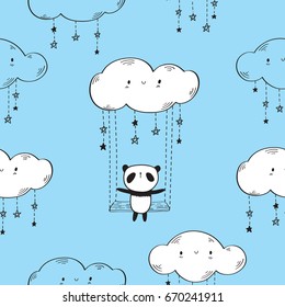 Seamless pattern with cute pandas the swings, clouds and stars for textile, wallpapers, gift wrap and scrapbook. Vector illustration.