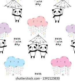 Seamless pattern with cute pandas, umbrellas and colored funny clouds for textile, wallpapers, wrapping paper and scrapbook. Vector illustration.