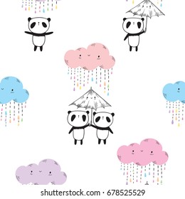 Seamless pattern with cute pandas, umbrellas and colored funny clouds for textile, wallpapers, gift wrap and scrapbook. Vector illustration.