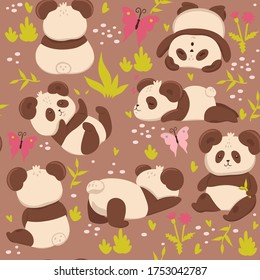 Seamless pattern with cute pandas. Vector graphics.
