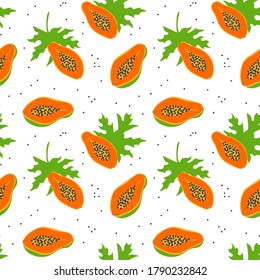 Nahtloses Muster mit süßen Papayafrüchten. Vektor exotische Scheibe orangefarbener Pfoten. Wiederholter Hintergrund für Textilien, T-Shirt, Illustration, Banner, Karte