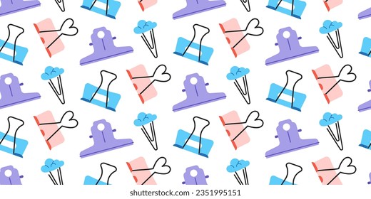 Seamless pattern with cute paper clips, clamps and binders on light background.