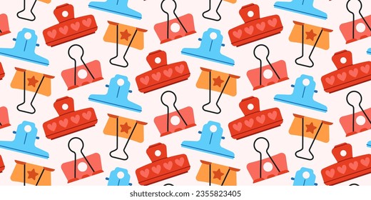 Seamless pattern with cute paper clips, clamps and binders on light background.