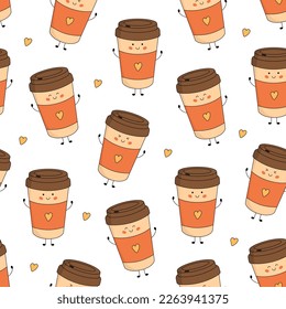 Seamless pattern with cute paper coffee cup character with smiling face, hands and legs. Funny, happy cartoon mascot. Vector flat illustration