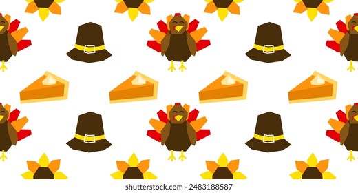 Nahtloses Muster mit niedlichen Papier geschnitten Thanksgiving Icons. Saisonaler Herbsthintergrund mit Putenvögeln, Kürbiskuchen und Hüten.