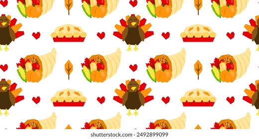 Nahtloses Muster mit niedlichen Papier geschnitten Thanksgiving Icons. Saisonaler Herbsthintergrund mit Putenvögeln, Apfelkuchen und Füllhorn.