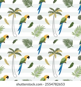 Seamless pattern with cute parrot. Exotic birds. Childish jungle background. Tropical wallpaper.