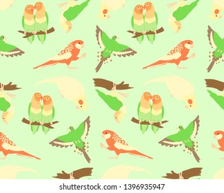 Seamless pattern with cute parrots on green background. Backdrop with funny parrots - cockatiel nymph, rosella, green-thighed parrot, budgerigar, lovebird .