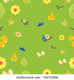 Seamless pattern of cute parrots seeds grain flower and leaf on green background.