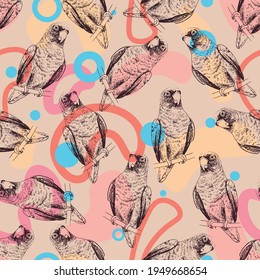 Seamless pattern of cute parrots. Summer tropical design. Strokes linework. Hand drawn outline parrots with pastel sample color