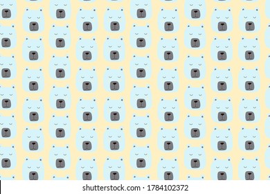 Seamless pattern with cute pastel bear face. Vector illustration sleepy cute bear. Design for children, print on fabric and t-shirt, greeting card, poster