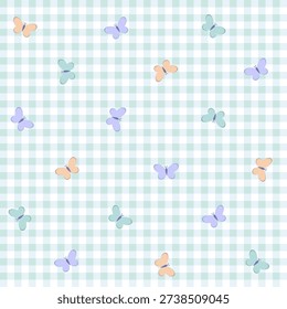 Seamless pattern with cute pastel butterflies on a mint gingham background. Ditsy aesthetic for nursery decor.