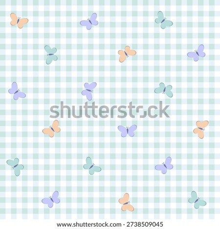 Seamless pattern with cute pastel butterflies on a mint gingham background. Ditsy aesthetic for nursery decor.