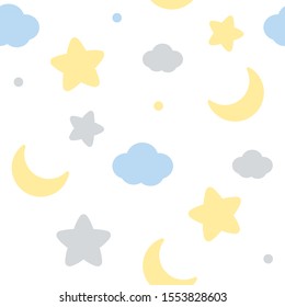 Seamless pattern of cute pastel cloud, star and moon.
