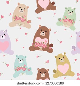 seamless pattern cute pastel color  baby teddy bear hugiing pink heart and pink heart flower cartton,illustration vector doodle comic art.