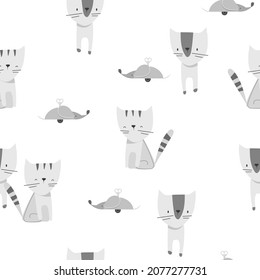 Seamless pattern with cute pastel color Cats and toy mouse. Creative childish cartoon texture. Great for fabric, textile Vector Illustration
